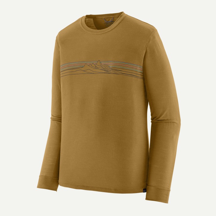 M's L/S Cap Cool Merino Blend Graphic Shirt L / Strata Stripe: Bobcat Brown